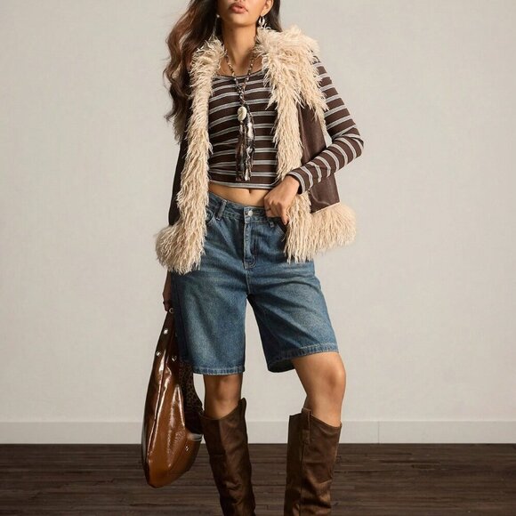 Casual Chocolate Brown Women's Faux Fur detailed Vest Jacket - Picture 3 of 8